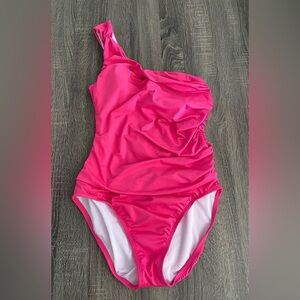 Pink Flattering One Shoulder Swimsuit tummy control miracle slimming bathing med
